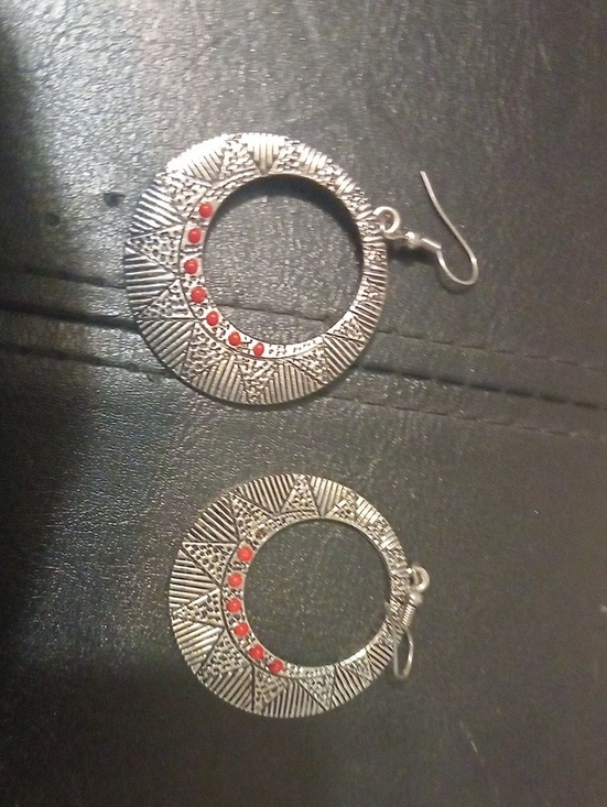 Jewelry - Silver Tone Hoop Earrings with Red Accents - Women Jewelry
